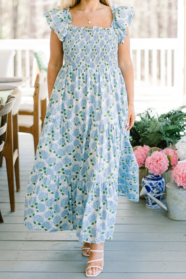Chic Soul plus size clothing, ruffled-strap blue ruffled maxi dress with a smocked bodice and a blue hydrangea floral pattern  