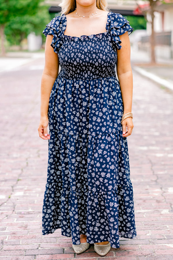 Chic Soul plus size clothing, navy maxi dress with a floral pattern square neckline and flutter sleeves 