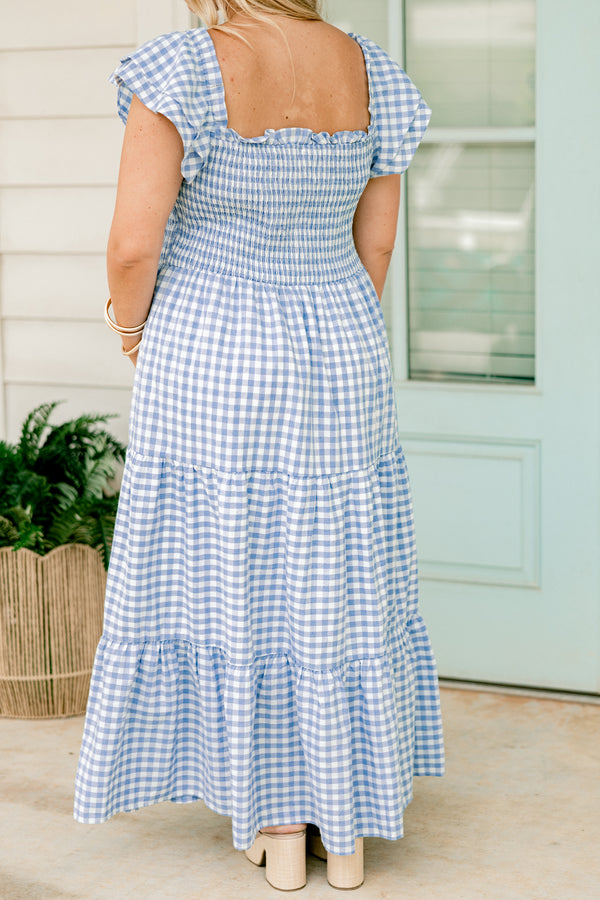 Chic Soul plus size clothing, baby blue gingham flutter sleeve tiered flowy maxi dress with ruched bodice