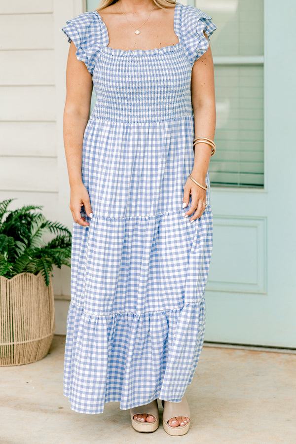 Chic Soul plus size clothing, baby blue gingham flutter sleeve tiered flowy maxi dress with ruched bodice