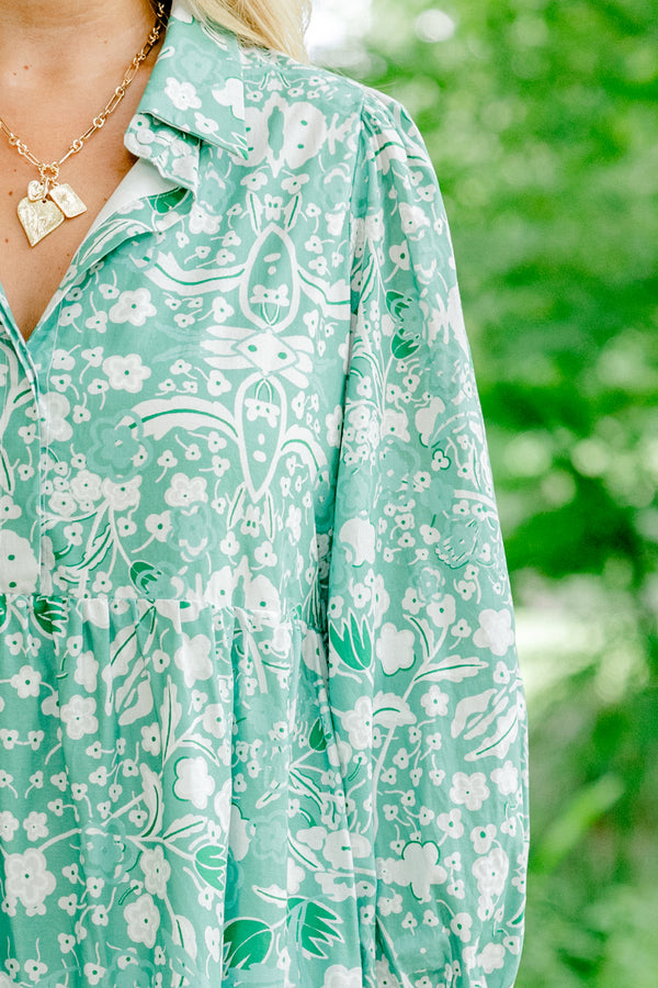 Chic Soul plus size clothing, green long sleeve white floral print tiered dress with v neckline and collar detail with cuff sleeve and cinched waist detail