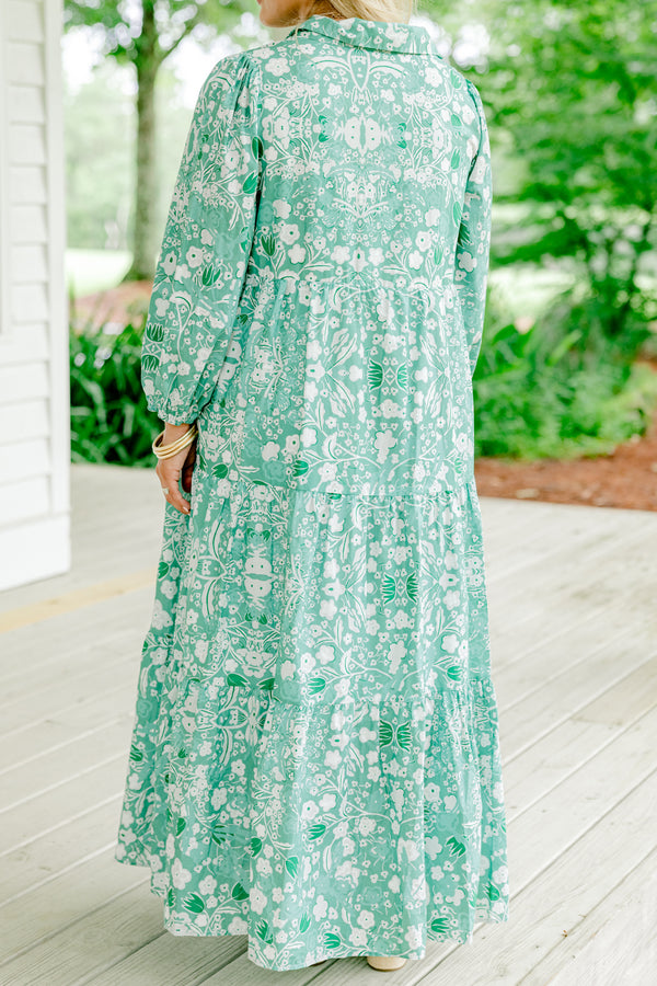Chic Soul plus size clothing, green long sleeve white floral print tiered dress with v neckline and collar detail with cuff sleeve and cinched waist detail
