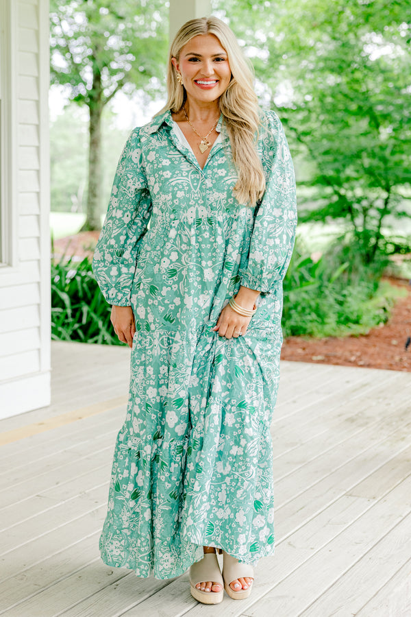 Chic Soul plus size clothing, green long sleeve white floral print tiered dress with v neckline and collar detail with cuff sleeve and cinched waist detail