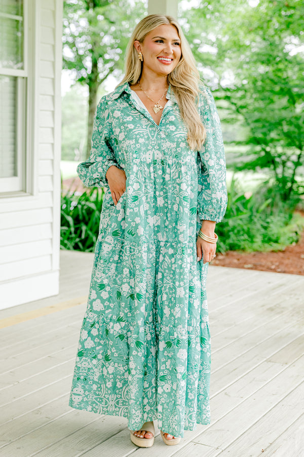 Chic Soul plus size clothing, green long sleeve white floral print tiered dress with v neckline and collar detail with cuff sleeve and cinched waist detail