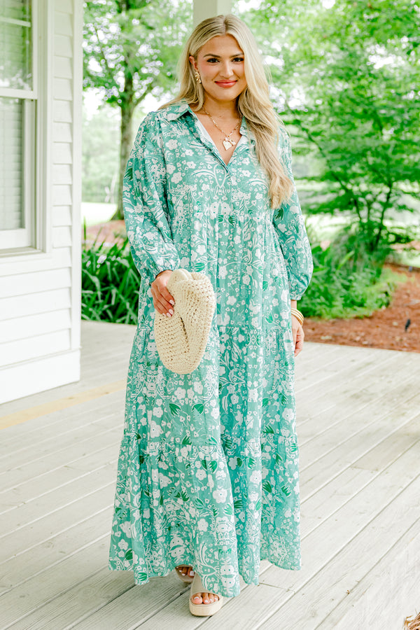 Chic Soul plus size clothing, green long sleeve white floral print tiered dress with v neckline and collar detail with cuff sleeve and cinched waist detail