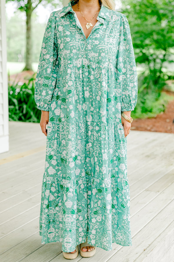 Chic Soul plus size clothing, green long sleeve white floral print tiered dress with v neckline and collar detail with cuff sleeve and cinched waist detail