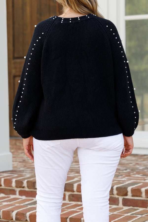 Chic Soul plus size clothing, long-sleeve black knit sweater with high-scoop-neckline and pearls studded across shoulders and sleeves