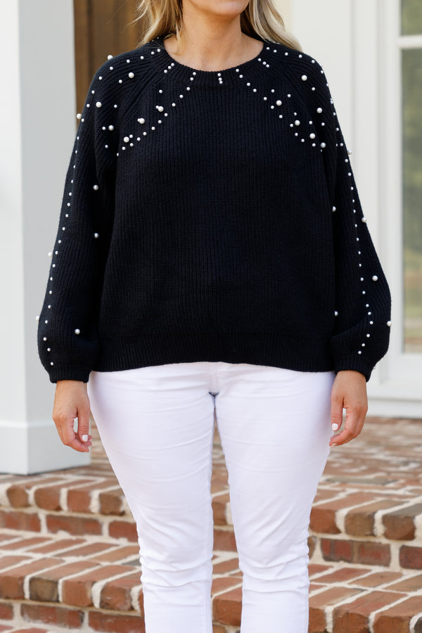 Chic Soul plus size clothing, long-sleeve black knit sweater with high-scoop-neckline and pearls studded across shoulders and sleeves