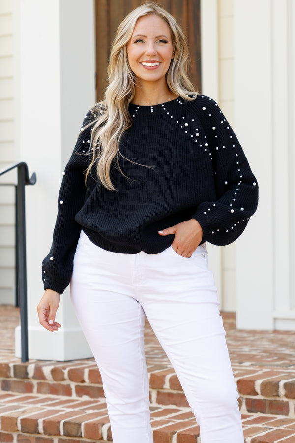 Chic Soul plus size clothing, long-sleeve black knit sweater with high-scoop-neckline and pearls studded across shoulders and sleeves