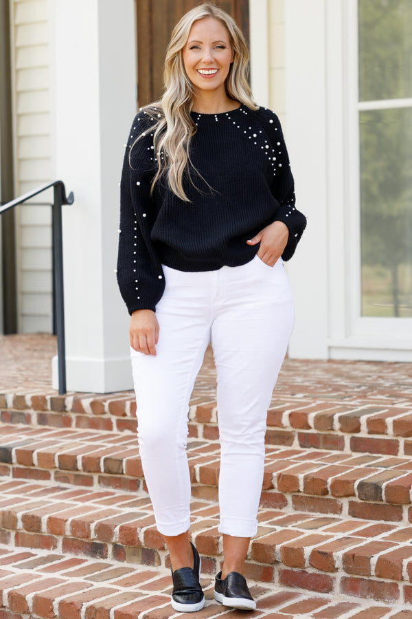 Chic Soul plus size clothing, long-sleeve black knit sweater with high-scoop-neckline and pearls studded across shoulders and sleeves