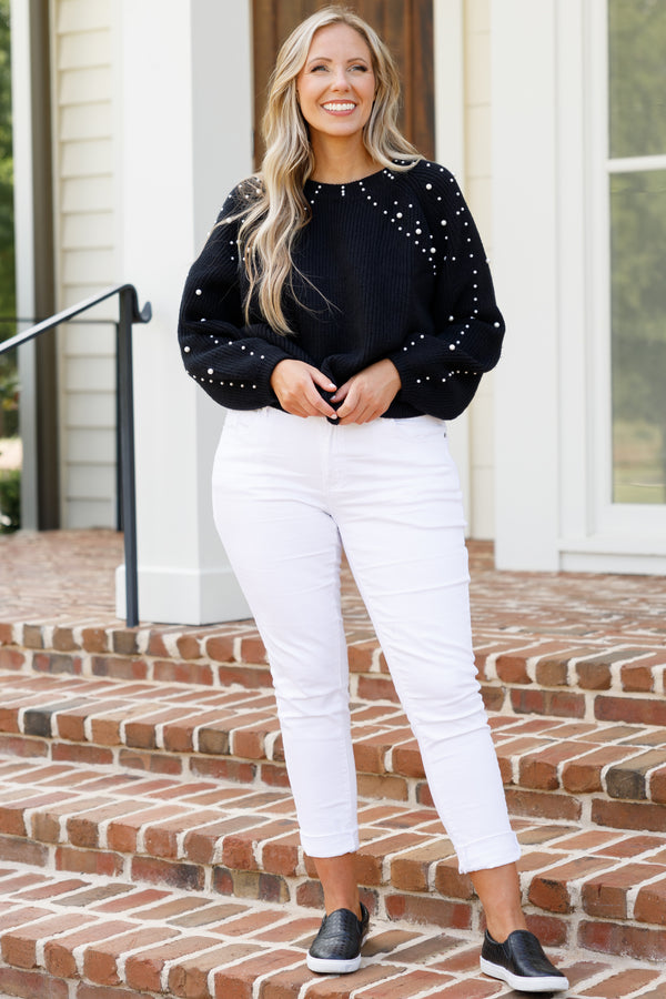 Chic Soul plus size clothing, long-sleeve black knit sweater with high-scoop-neckline and pearls studded across shoulders and sleeves
