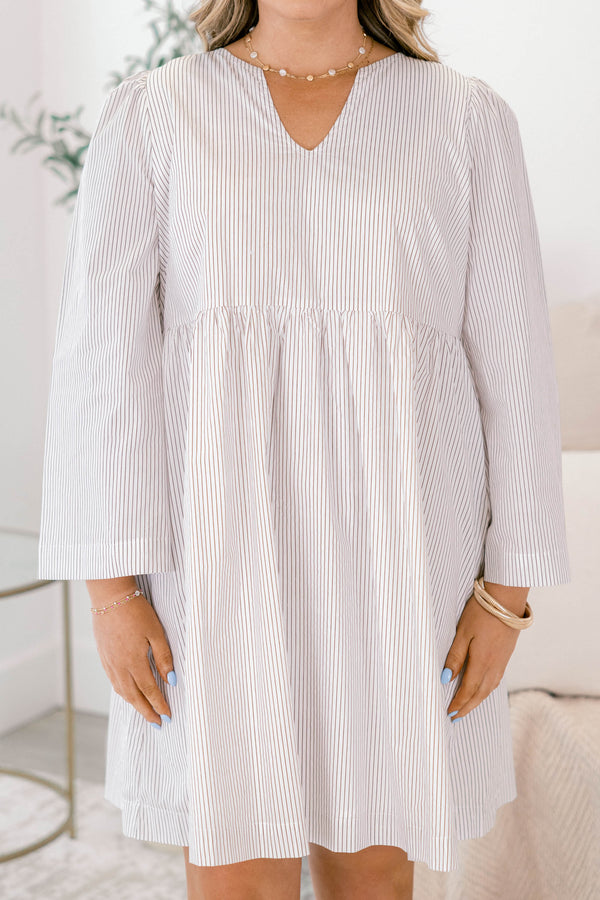 Chic Soul plus size clothing, brown and white thin pin stripe long wide sleeve short baby doll dress with v neck cutout