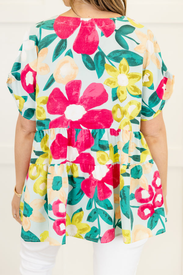 Chic Soul plus size clothing , blue babydoll V-neck top with floral pattern and short sleeves 