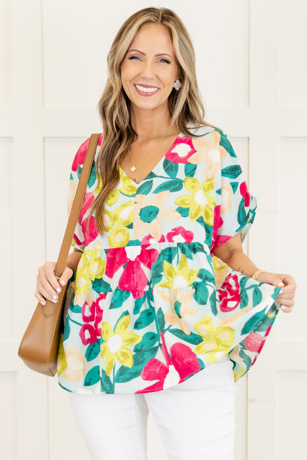 Chic Soul plus size clothing , blue babydoll V-neck top with floral pattern and short sleeves 