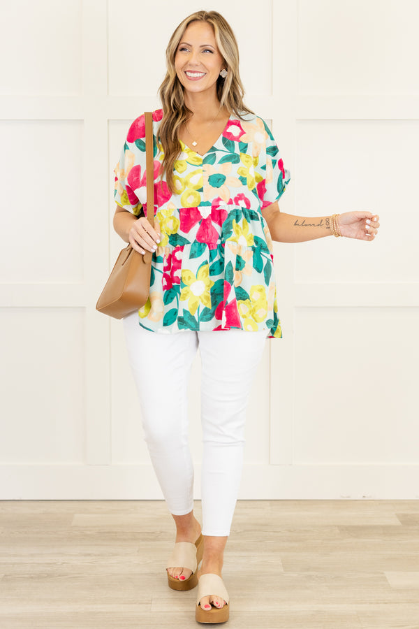 Chic Soul plus size clothing , blue babydoll V-neck top with floral pattern and short sleeves 
