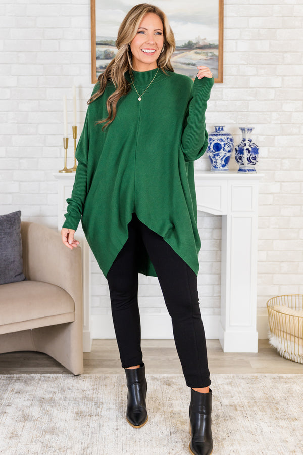 Chic Soul plus size clothing, green long sleeve knit sweater tunic with ribbed neckline with ribbed cuff sleeves and v cutout along bottom