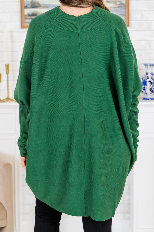 Chic Soul plus size clothing, green long sleeve knit sweater tunic with ribbed neckline with ribbed cuff sleeves and v cutout along bottom