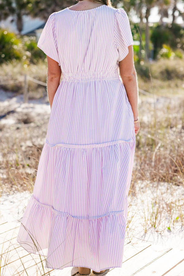 Chic Soul plus size clothing, short-sleeve purple and white striped ruffled maxi dress with a smocked bodice and a snap-buttoned v-neckline 