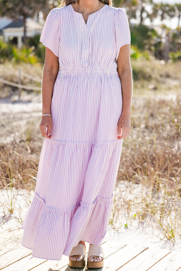 Chic Soul plus size clothing, short-sleeve purple and white striped ruffled maxi dress with a smocked bodice and a snap-buttoned v-neckline 