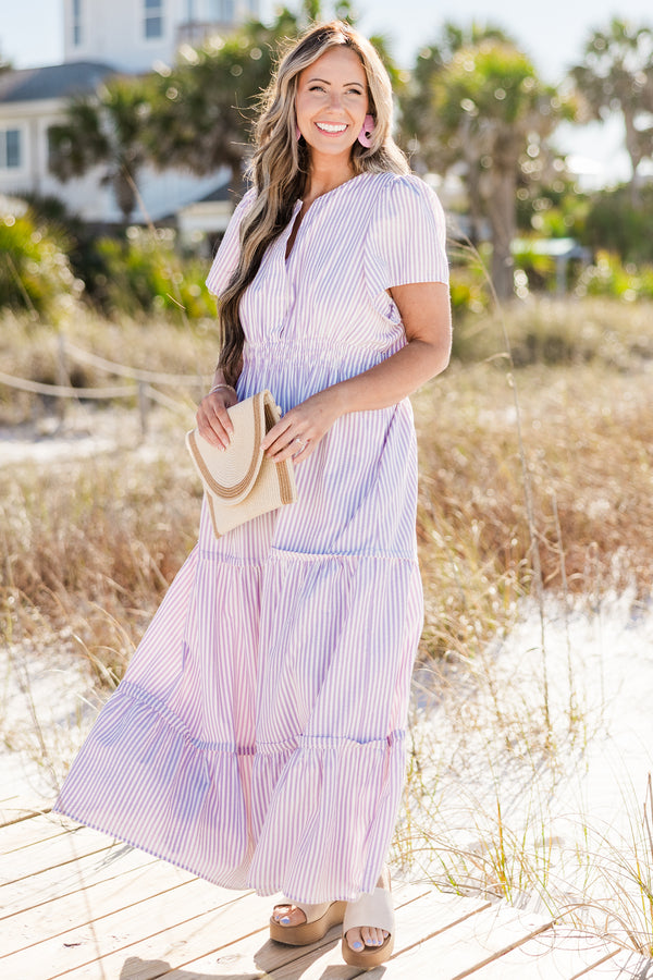Chic Soul plus size clothing, short-sleeve purple and white striped ruffled maxi dress with a smocked bodice and a snap-buttoned v-neckline 