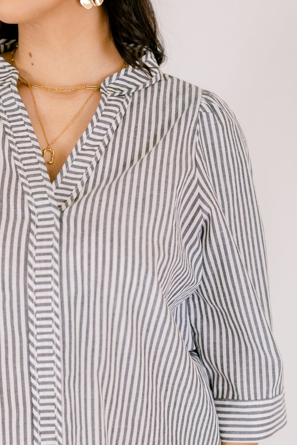 Chic Soul plus size clothing, gray and white vertical stripe button up collared long sleeve top