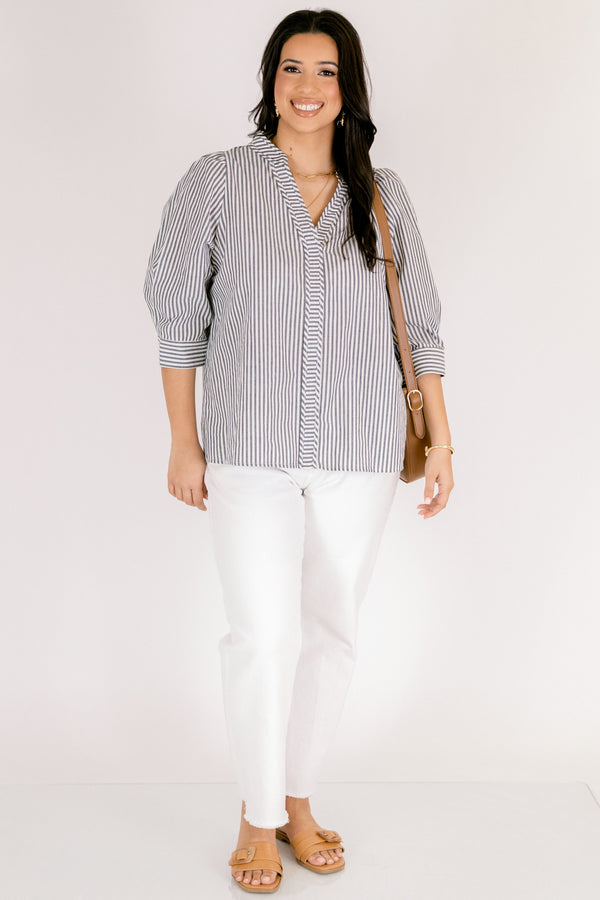 Chic Soul plus size clothing, gray and white vertical stripe button up collared long sleeve top