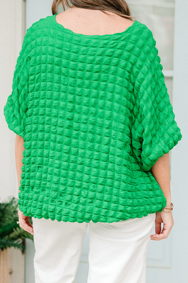 Chic Soul plus size clothing, green short sleeve top with puff waffleknit texture