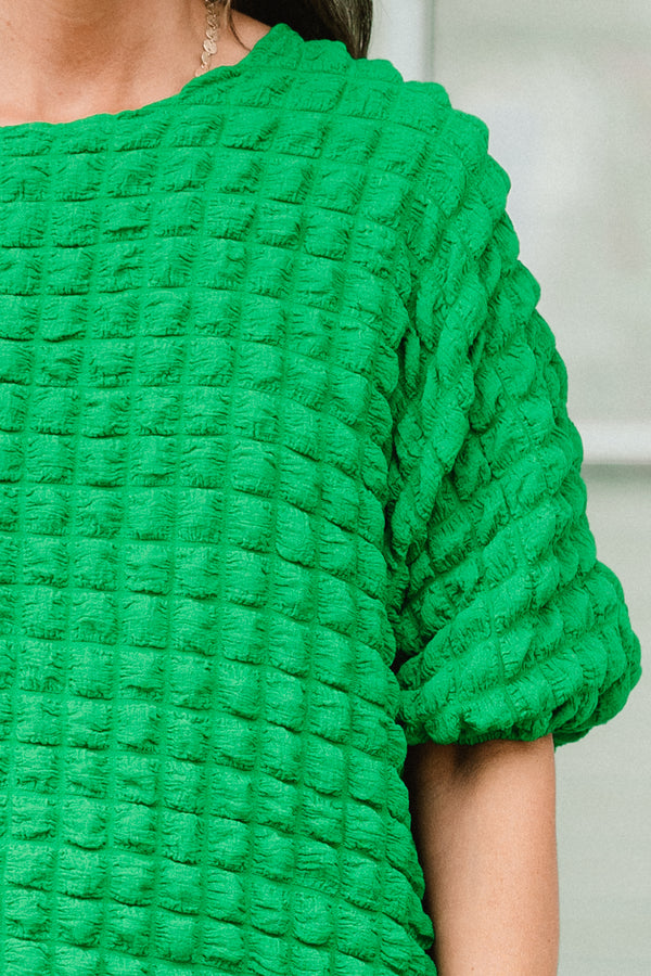 Chic Soul plus size clothing, green short sleeve top with puff waffleknit texture