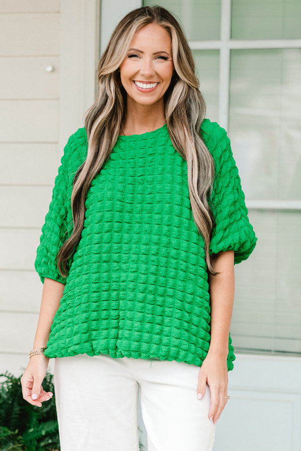 Chic Soul plus size clothing, green short sleeve top with puff waffleknit texture