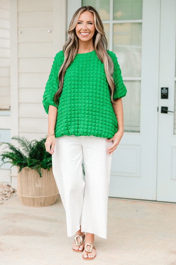 Chic Soul plus size clothing, green short sleeve top with puff waffleknit texture