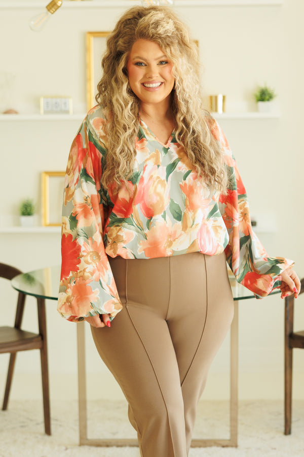 Chic Soul plus size clothing, multicolor big floral pattern flowy top with bubble sleeves and a v neck