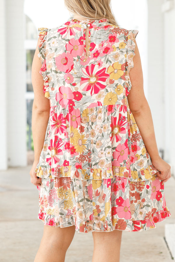 Chic Soul plus size clothing, multicolor floral pattern babydoll dress with ruffle detailing and flutter sleeves