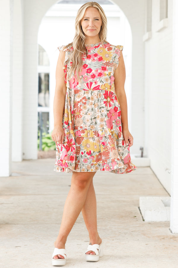 Chic Soul plus size clothing, multicolor floral pattern babydoll dress with ruffle detailing and flutter sleeves