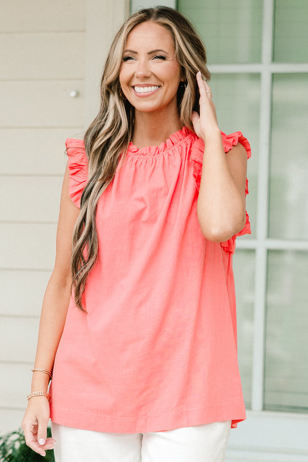 Chic Soul plus size clothing, coral pink flutter sleeve tank top with high neckline