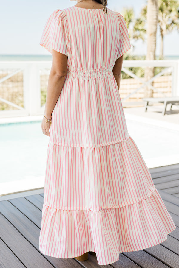 Chic Soul plus size clothing, short-sleeve pink and ivory striped ruffled maxi dress with a split-deep-v-neckline and a smocked waistline 