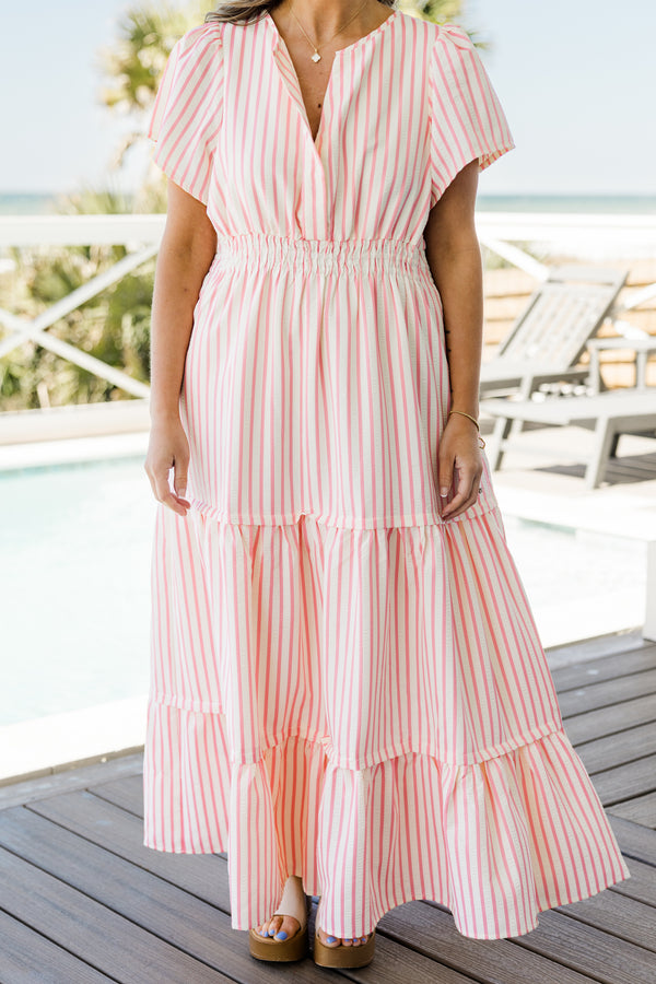 Chic Soul plus size clothing, short-sleeve pink and ivory striped ruffled maxi dress with a split-deep-v-neckline and a smocked waistline 