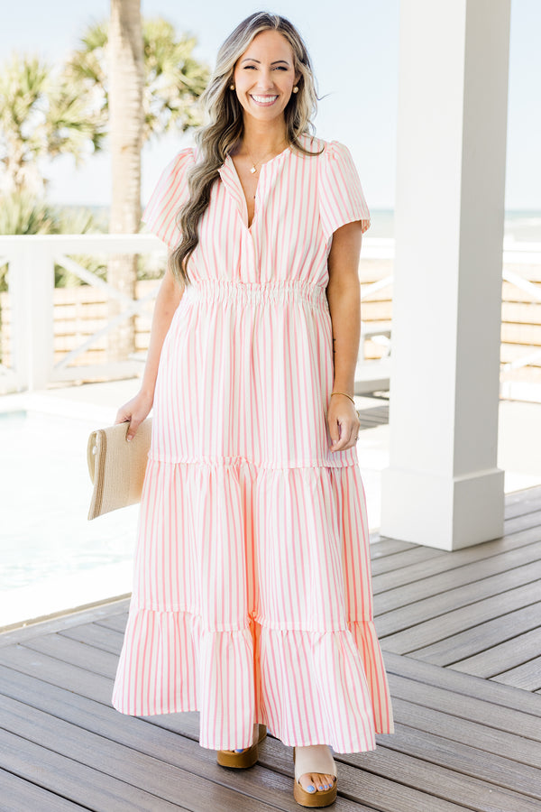 Chic Soul plus size clothing, short-sleeve pink and ivory striped ruffled maxi dress with a split-deep-v-neckline and a smocked waistline 