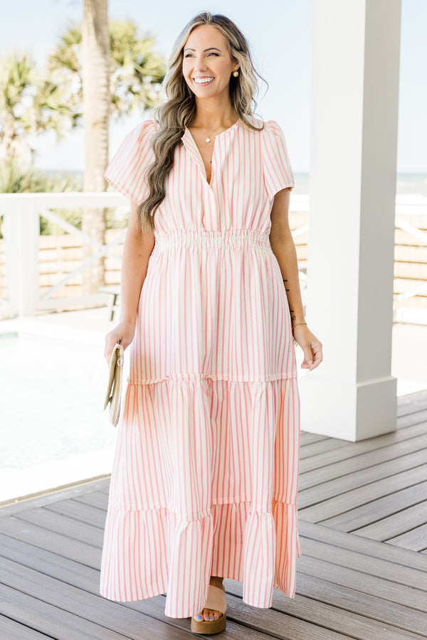 Chic Soul plus size clothing, short-sleeve pink and ivory striped ruffled maxi dress with a split-deep-v-neckline and a smocked waistline 