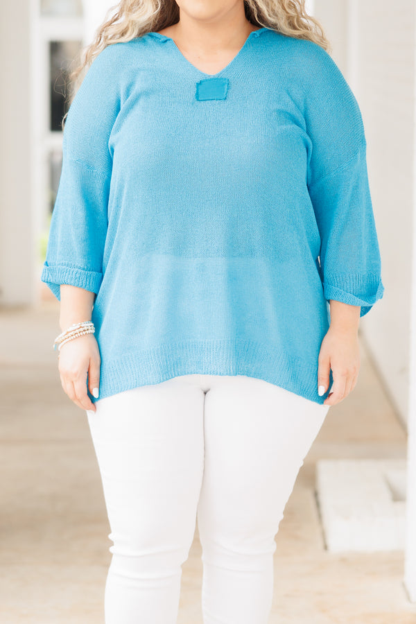 Chic Soul plus size clothing, blue knitted top with cuffed sleeves