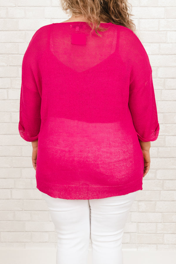 Chic Soul plus size clothing, pink knitted top with cuffed sleeves