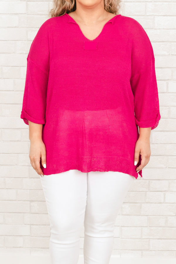 Chic Soul plus size clothing, pink knitted top with cuffed sleeves