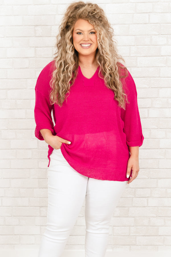 Chic Soul plus size clothing, pink knitted top with cuffed sleeves