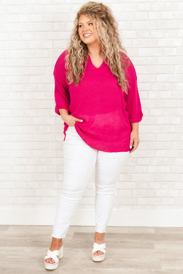 Chic Soul plus size clothing, pink knitted top with cuffed sleeves