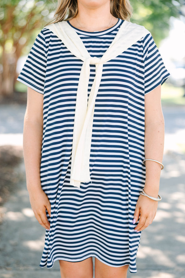 Plus Size navy and white horizontal striped t-shirt dress with a cream faux shawl detail.