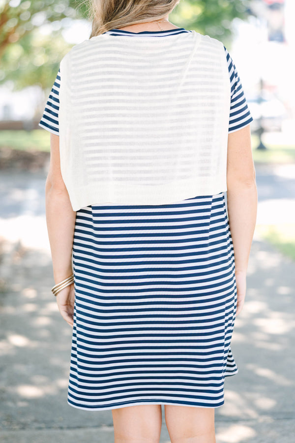 Plus Size navy and white horizontal striped t-shirt dress with a cream faux shawl detail.