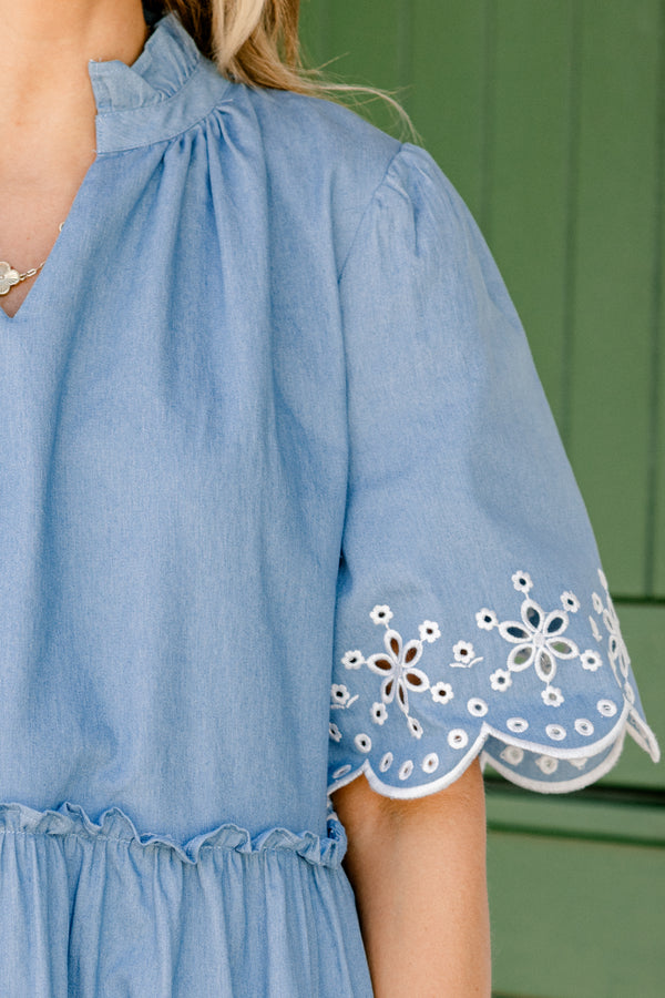 Chic Soul plus size clothing, denim blue slight v-neck half sleeve tiered babydoll dress with white embroidered eyelet design near scalloped edges