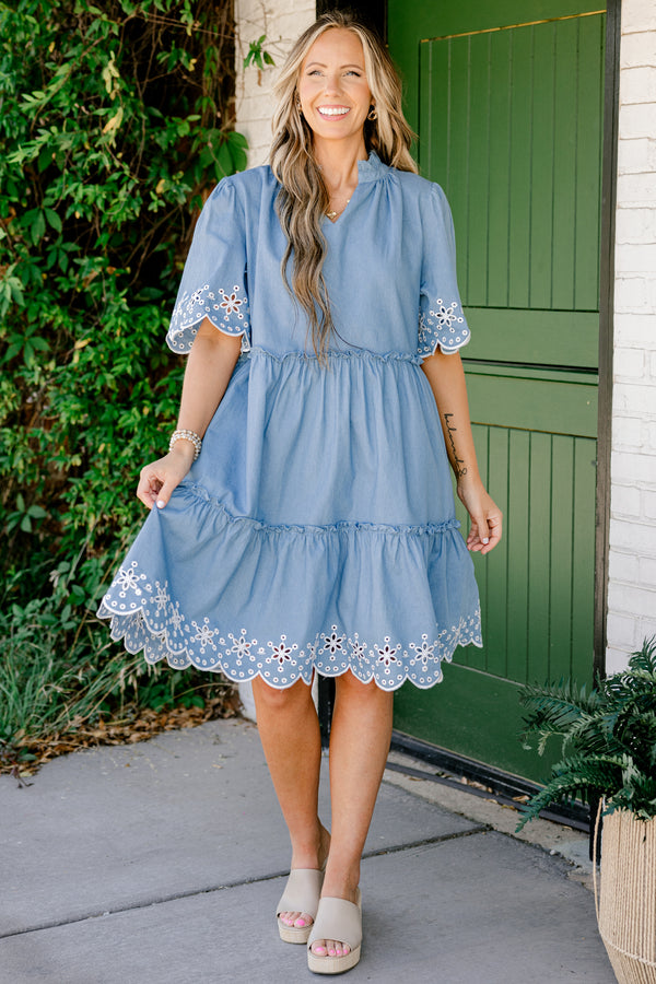 Chic Soul plus size clothing, denim blue slight v-neck half sleeve tiered babydoll dress with white embroidered eyelet design near scalloped edges