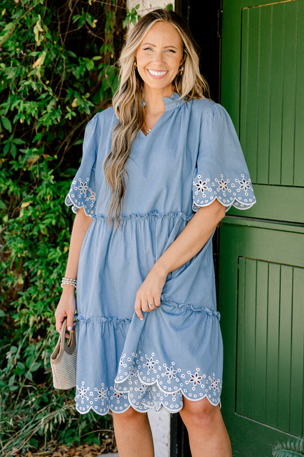 Chic Soul plus size clothing, denim blue slight v-neck half sleeve tiered babydoll dress with white embroidered eyelet design near scalloped edges