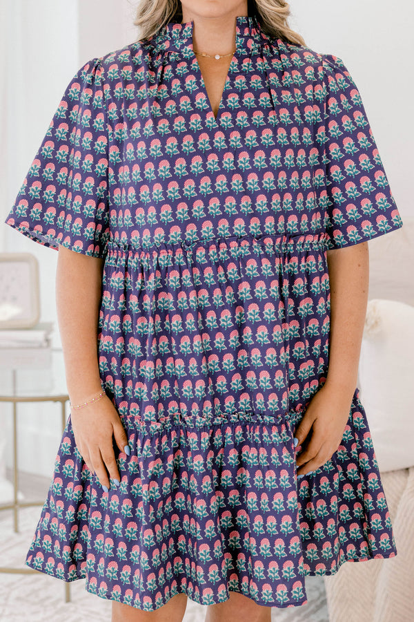 Chic Soul plus size clothing, navy and pink floral block pattered short sleeve knee length tiered baby doll dress with v neckline cutout 