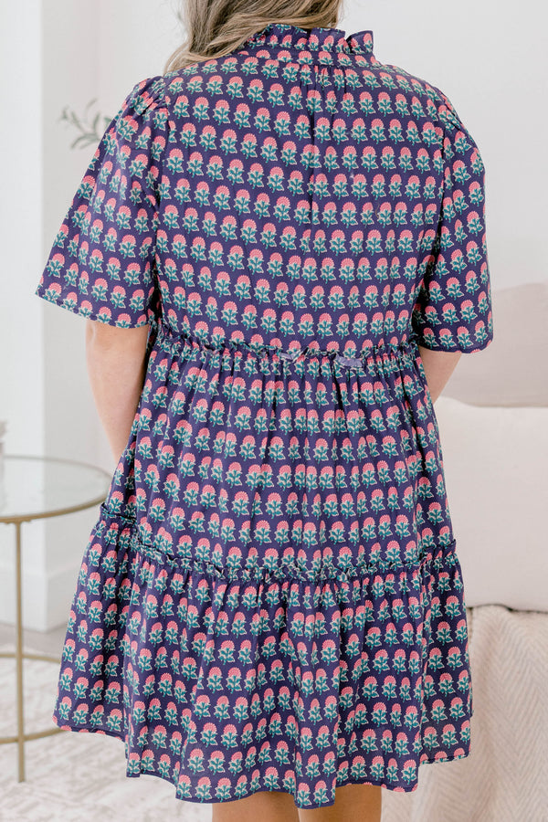 Chic Soul plus size clothing, navy and pink floral block pattered short sleeve knee length tiered baby doll dress with v neckline cutout 